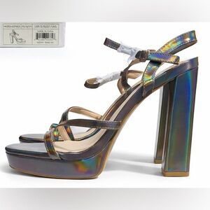 Halston Iridescent Platform Heels | Holographic Strappy Block Heel Sandals | 6.5